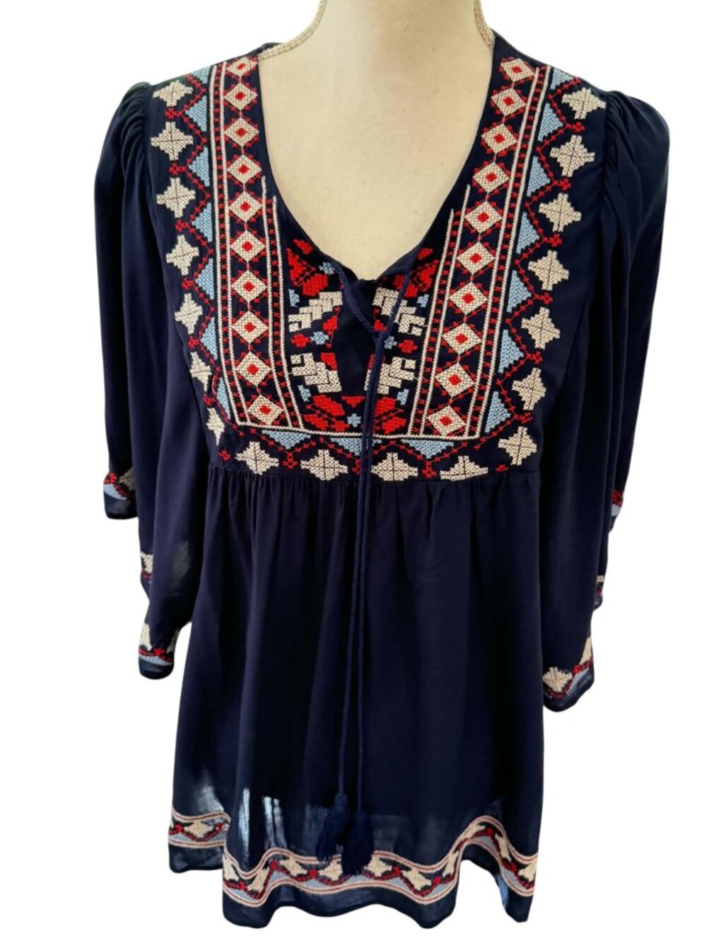 Orange Creek Navy Blue Embroidered Boho Tunic Blouse